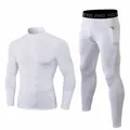 White men's thermal fleece lined compression fitness set with zipper top and leggings - S / Top And Bottom / White