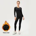 Damen Yoga-Set in Schwarz mit Fleece-Futter, warmes Langarmshirt und passende Leggings - S / Oberteil und Unterteil / Schwarz