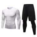 Men's compression fitness set with white long sleeve top and black 2-in-1 pants - S / Top And Bottom / White + Black