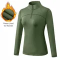 Women's green fleece-lined sports long sleeve top with half-zip stand-up collar - Army Green