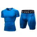 Blue men's quick-dry fitness compression set with short sleeve top and training shorts - S / Top And Bottom / Blue