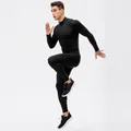 Heren zwart fitness-set met fleecevoering compressieshirt met lange mouwen en broek - S / Boven- En Onderstuk / Zwart