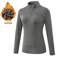 Women's dark gray fleece-lined sports long-sleeved shirt with 1/4 zip stand collar - Mixed Grey