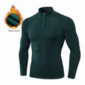 Donkergroen thermisch compressieshirt voor heren met warme fleecevoering en halve rits - Donker Inktgroen
