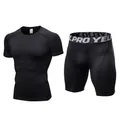 Two-piece men's black compression fitness set with quick-dry training shirt and shorts - S / Top And Bottom / Black