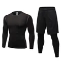 Men's professional black compression long sleeve shirt and 2-in-1 leggings fitness set - S / Top And Bottom / Black + Black