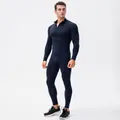 Men's navy blue fleece-lined thermal compression fitness suit for winter training. - S / Top And Bottom / Navy Blue