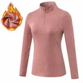 Fleece-lined long-sleeve sports top with stand collar in pink for women - Rock Red