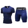 Heren fitnessset sneldrogend blauw compressie T-shirt en korte broek - Marineblauw