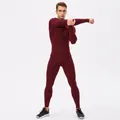 Men's burgundy fleece-lined thermal fitness set including long-sleeved top and leggings - S / Top And Bottom / Burgundy