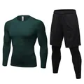 Professionelles 2-teiliges Fitness-Set für Herren mit Kompressionsshirt und schwarzen Leggings - Dark dark green + Black