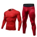 Men's red textured quick-dry 2-piece training suit with long sleeves and compression pants - S / Top And Bottom / Red