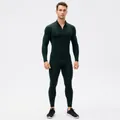 Men's dark green thermal fitness set with fleece lining and zipper top and pants - Dark Ink Green