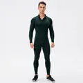 Ensemble de fitness thermique vert foncé pour hommes avec doublure polaire et zip - Vert Encre Foncé