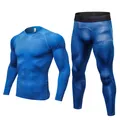Men's compression sports set in blue honeycomb print featuring long-sleeve shirt and leggings - S / Top And Bottom / Blue