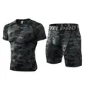 Tweeledig compressie fitnesspak voor heren met donker camouflagepatroon sportset - Grijze Camouflage