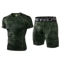 Heren 2-delige camo compressie fitness set met sneldrogend T-shirt en korte sportbroek - Legergroen Camo