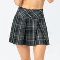 Women's grey plaid pleated tennis skirt with built-in skorts for running and gym - Charcoal Grey Plaid