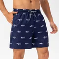 Navy blue men's quick-dry swim trunks with white fishbone pattern and drawstring. - S / Bottoms / Navy Fishbone