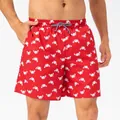Men's quick-dry red beach shorts with all-over white crab print and waist cord - S / Bottoms / Red Crab