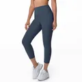 High-waist cropped yoga leggings in dark blue, breathable athletic wear for women - L / Bottoms / Pure Blue Grey
