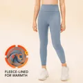 Girls high waist blue ribbed yoga leggings with warm fleece lining for winter sports - 120 / Bottoms / Grey Blue