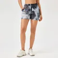 High-waisted loose athletic shorts for women with blue marble tie-dye pattern (88 chars) - S / Bottoms / Tie-dye Black & White