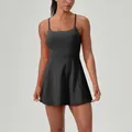 Sleek black quick-dry athletic tennis dress featuring built-in bra padding for women. - S / Top And Bottom / Black