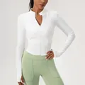 Slim-fit white long sleeve yoga zip jacket with stand collar and functional thumb holes - S / Tops / White