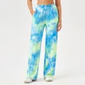 Stijlvolle blauw-groene tie-dye sportbroek voor dames met wijde pijpen en wafelmotief - Blauw Geel Wit Tie-dye