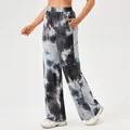 Comfortabele tie-dye sportbroek voor dames met wijde pijpen, honingraatpatroon en zakken - Zwart-Wit Tie-Dye