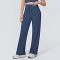 High-waisted wide-leg yoga pants with adjustable drawstring detail in a slate blue color - S / Bottoms / Navy Blue