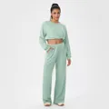 Waffle knit lounge set in mint green with long sleeve crop top and wide leg pants - S / Top And Bottom / Light Green