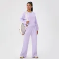 Loose lavender waffle-knit sports set with long sleeves and wide-leg pants for women - S / Top And Bottom / Seafoam Purple