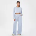 Light blue waffle knit lounge set with cropped long sleeve top and wide leg pants - S / Top And Bottom / Baby Blue