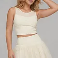 Women's cream mesh yoga tank top and flowy tennis skirt set for athletic sports - S / Tops / Beige Apricot