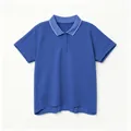 Detail of the blue polo shirt with striped collar and pleated side panels. - S / Tops / Blue