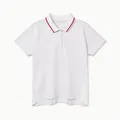 Detailed front view of a white tennis polo shirt featuring a red striped collar and side pleats - S / Tops / White