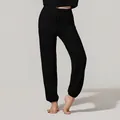 Elegantes pantalones de chándal negros de canalé con cintura alta para mujer y fitness - S / Bottoms / Negro