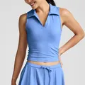 Sporty blue polo neck sleeveless athletic vest and matching high waist tennis skirt set - S / Tops / Blue
