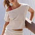 Comfortable loose cream off-shoulder yoga T-shirt for women in casual athletic style - S / Tops / White