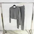 Conjunto de dos piezas gris de canalé para mujer con sudadera - S / Top Y Pantalón / Estilo Delgado / Gris