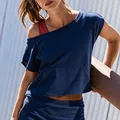 Navy blue asymmetric athletic top with pocket and matching high waist yoga shorts - S / Tops / Blue