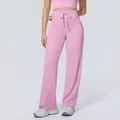 Women's pink high waist drawstring wide leg sports pants for yoga, fitness and gym - Sakura Pink