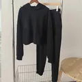 Chándal de dos piezas negro de pana para mujer con sudadera con capucha y pantalón deportivo - S / Top Y Pantalón / Estilo Delgado / Negro