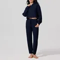Conjunto de dos piezas de pana azul marino con sudadera corta con capucha y joggers - S / Top Y Pantalón / Engrosado / Azul marino