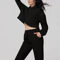 Conjunto deportivo de mujer en pana acanalada negra con sudadera con capucha y pantalón - S / Top Y Pantalón / Engrosado / Negro
