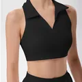 Black polo collar sleeveless cropped sports top for yoga and tennis training apparel - S / Tops / Black