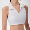 Premium white athletic cropped top with polo collar for women yoga and outdoor tennis wear - S / Tops / White