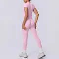 Two-piece seamless pink yoga set with short sleeve top and peach lifting leggings - S / Top And Bottom / Barbie Pink